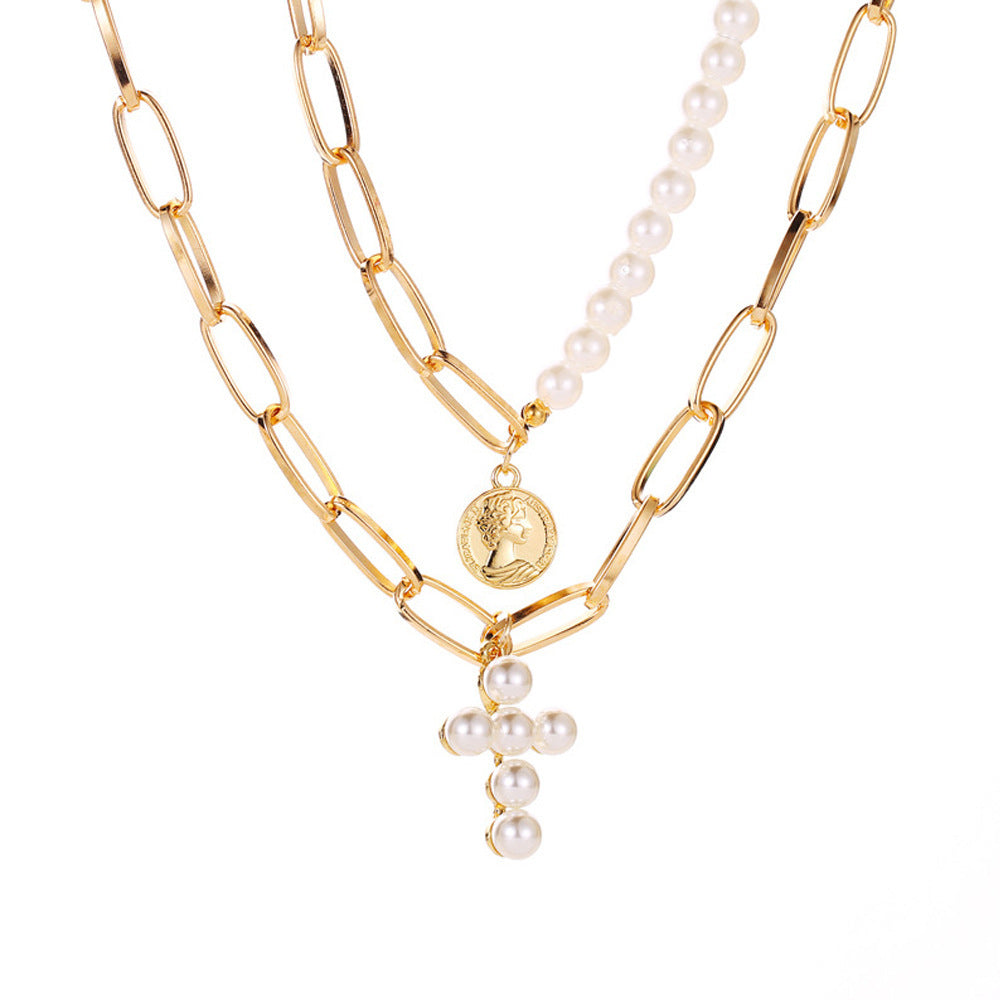 Heavy Pearl Cross Necklace