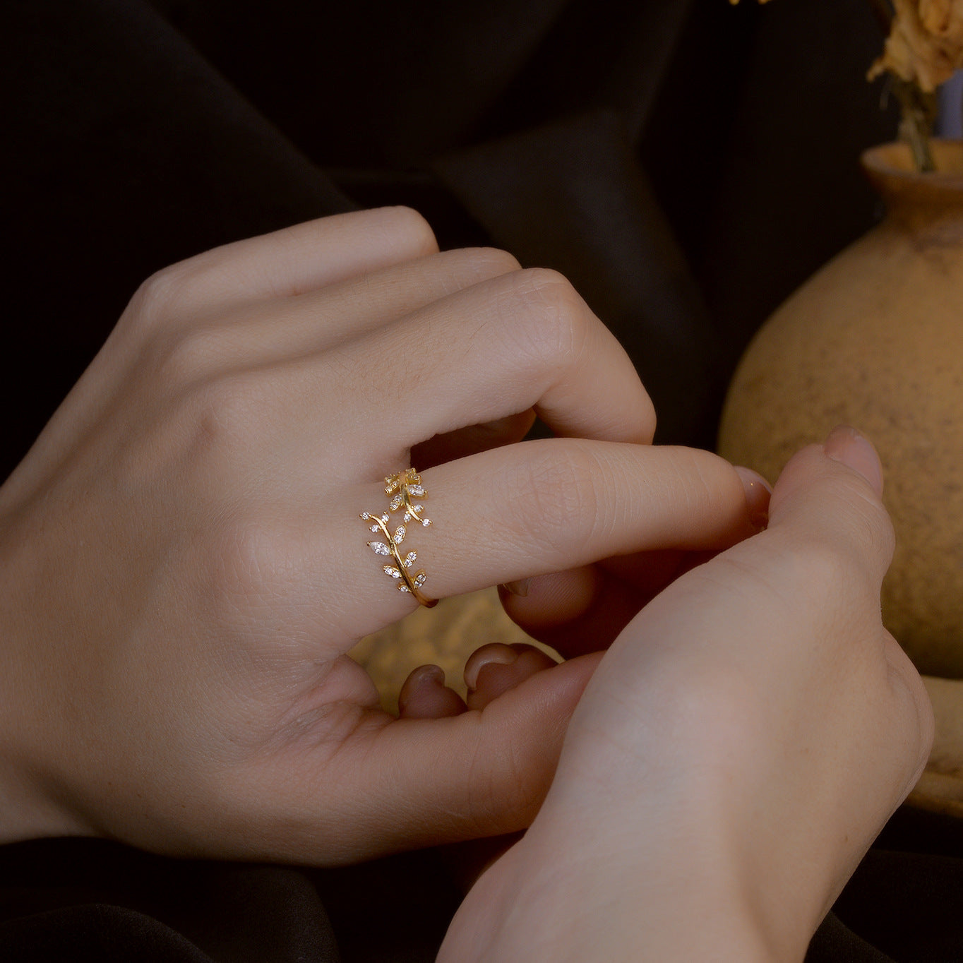 S925 Sterling Silver Leaf & Wheat Ring For Women, Minimalist High-End Open Ring, Sweet Forest Style Versatile Jewelry