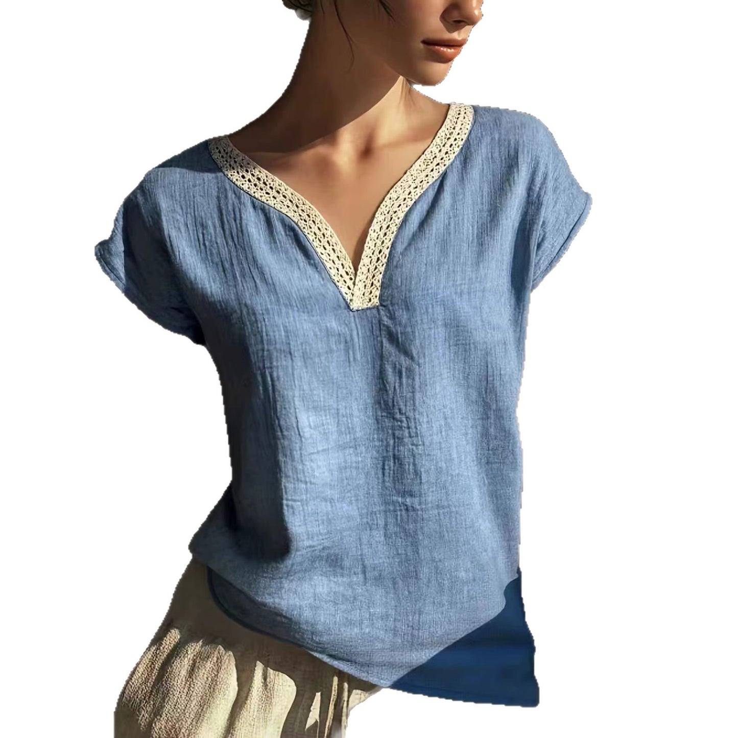 Bohemian Vintage Lace V-Neck Cotton-Linen Blouse
